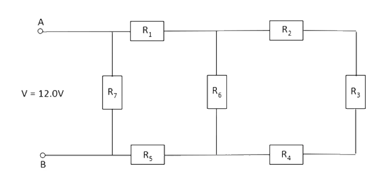 Circuito entre os pontos A e B com tensão de 12,0 V: R7 liga A a B em um ramo; R1 e R5 estão no fio superior e no inferior; R6 liga os nós centrais; R2, R3 e R4 formam um ramo em série à direita