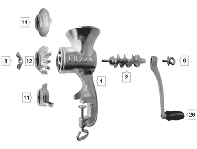 Peças de uma máquina de moer manual numeradas: 1 (corpo), 2 (rosca sem-fim), 6, 8 (borboleta de fixação), 11, 12 (navalha), 14 e 26 (manivela).