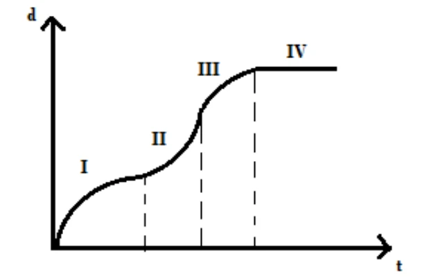 Gráfico d × t que cresce e termina horizontal.