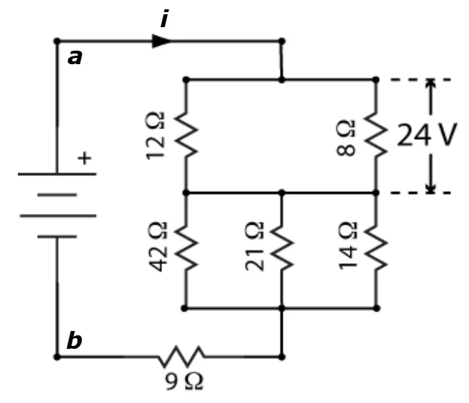 Circuito elétrico com resistores de 12, 8, 42, 21, 14 e 9 ohms