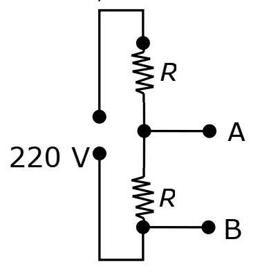 Circuito de uma lâmpada de 220 volts representada por dois resistores R, com pontos A e B