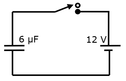 Circuito com capacitor de 6 microfarads, bateria de 12 volts e chave