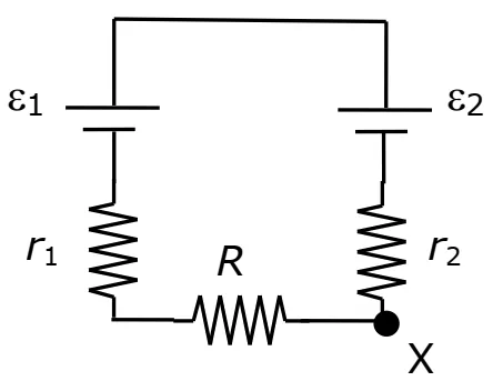 Circuito com duas fontes, resistências internas e resistor R