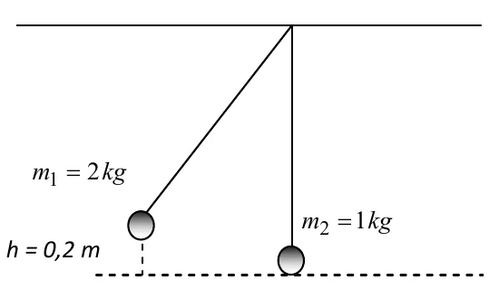 Duas esferas penduradas por fios de mesmo comprimento: a esfera 1, de 2 kg, afastada e elevada de 0,2 m, e a esfera 2, de 1 kg, parada na vertical.