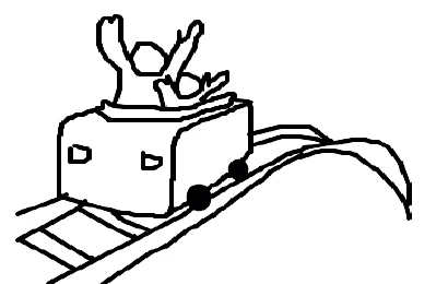 Desenho de um carrinho com duas pessoas descendo uma rampa curva.