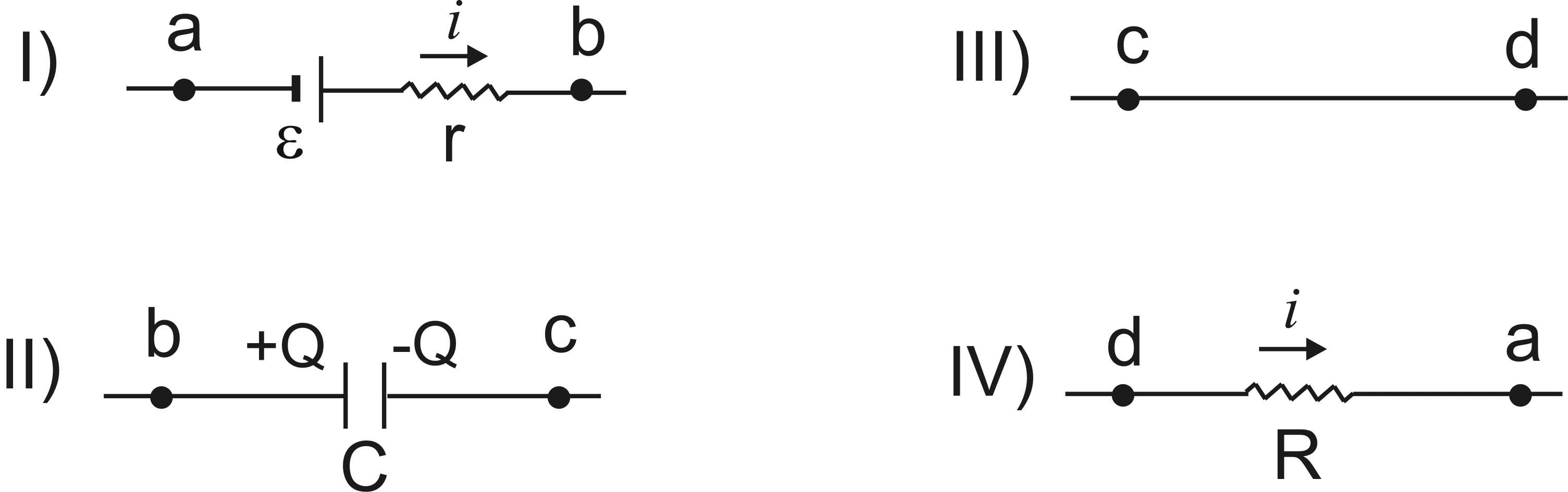 Quatro trechos de um circuito RC com pontos a, b, c e d