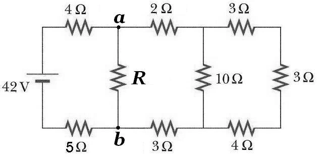 Circuito com fonte de 42 V e resistores de 4 ohms, 5 ohms, R, 2 ohms, 3 ohms, 10 ohms, 3 ohms e 4 ohms