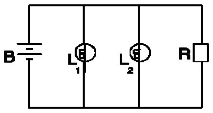 Bateria B ligada em paralelo às lâmpadas L1 e L2 e ao receptor de rádio R