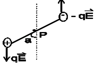 Barra inclinada com a carga negativa em cima, sob a força −qE para cima, e a carga positiva embaixo, sob a força +qE para baixo, e o ângulo a em relação à vertical