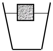 Cubo de gelo com cerca de metade do volume imerso, linha da água passando pelo meio do cubo