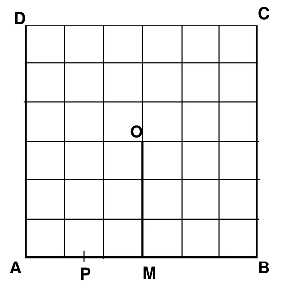 Sala quadrada ABCD vista de cima, em quadriculado de 2 m; a parede vai de M, no meio de AB, até o centro O; P está no meio de AM