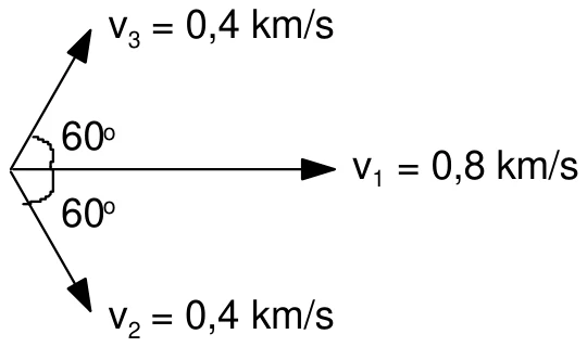 Vetores v1 = 0,8 km/s na horizontal e v2 e v3 = 0,4 km/s, cada um a 60° de v1, um acima e outro abaixo
