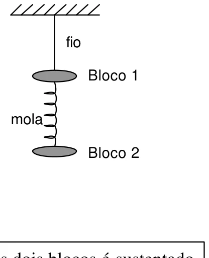 Bloco 1 preso ao teto por um fio e ligado por uma mola ao bloco 2, abaixo