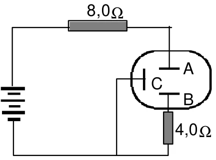 Circuito com fonte de 36 V, resistor de 8,0 ohms, eletrodos A, B e C e resistor de 4,0 ohms