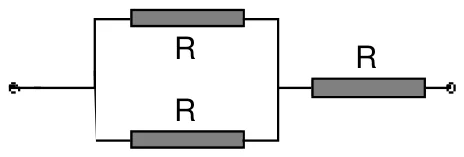 Dois resistores R em paralelo, associados em série com um terceiro resistor R