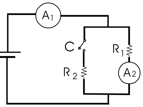 Circuito com bateria e o amperímetro A1 em série; dois ramos em paralelo: um com o resistor R1 e o amperímetro A2, e outro com a chave C e o resistor R2