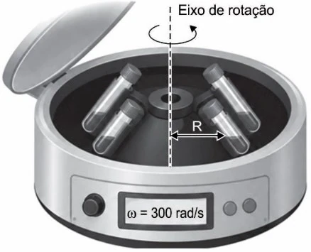 Centrífuga aberta com tubos inclinados, o raio R indicado a partir do eixo de rotação e o visor com ω = 300 rad/s