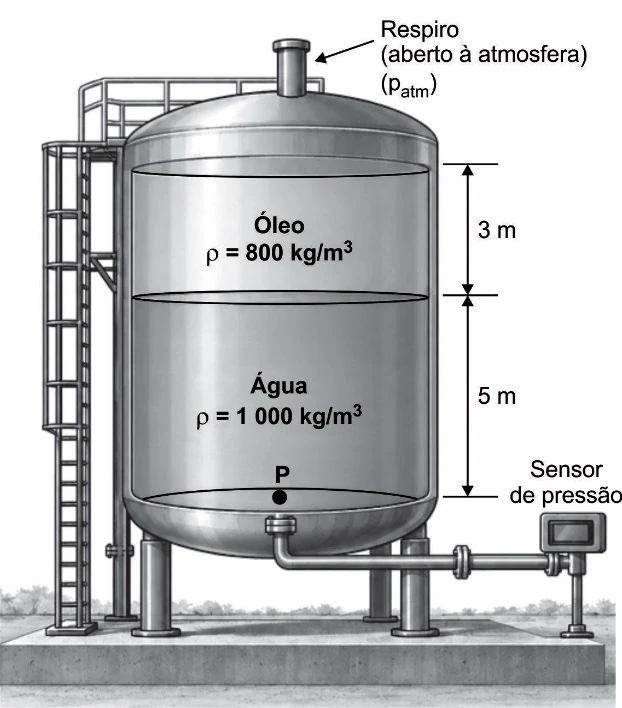 Tanque cilíndrico aberto à atmosfera com camada de óleo (800 kg/m³, 3 m) sobre camada de água (1 000 kg/m³, 5 m) e o ponto P no fundo