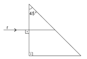 Prisma em forma de triângulo retângulo com ângulo de 45° no vértice superior; o raio r, horizontal, incide perpendicularmente na face vertical e atinge a face inclinada (hipotenusa).