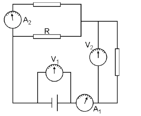 Circuito com bateria, voltímetro V1 nos terminais da bateria, amperímetro A1 em série, resistor em paralelo com o voltímetro V2 e, em série com eles, dois ramos em paralelo: um resistor com o amperímetro A2 e outro, o resistor R.