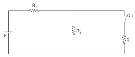 Circuito: o gerador E em série com o resistor R1; depois, R2 em paralelo com um ramo formado pela chave Ch em série com R3.