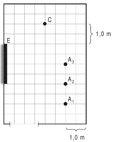 Planta baixa quadriculada da loja (quadrados de 0,5 m): espelho E na parede esquerda; o gerente em C, no alto, a 2,0 m da parede esquerda; as atendentes A1, A2 e A3 alinhadas numa vertical a 3,0 m da parede, de baixo para cima.
