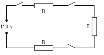 Esquema da alternativa D: fonte de 110 V e três resistores R, com duas chaves, associados em série.