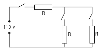 Esquema da alternativa E: fonte de 110 V, um resistor R com chave em série com dois resistores R em paralelo.