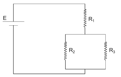 Circuito com um gerador E em série com R₁, que se liga a R₂ e R₃ associados em paralelo.