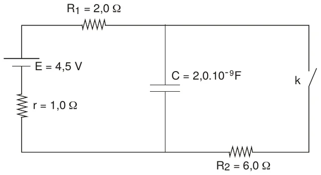 Circuito com gerador (E = 4,5 V, r = 1,0 Ω), resistor R₁ = 2,0 Ω, capacitor C = 2,0·10⁻⁹ F em um ramo central, resistor R₂ = 6,0 Ω e chave k.