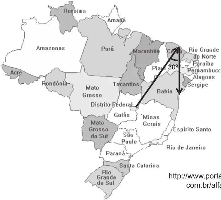 Mapa do Brasil com setas indicando os trechos Brasília–Fortaleza e Fortaleza–Salvador; o ângulo de 30° está marcado junto a Fortaleza.