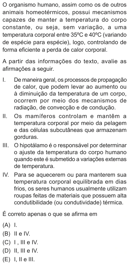 Questão 20 de Unifor Medicina 2019.1: Regulação térmica — enunciado, figura e alternativas originais
