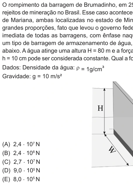 Questão 17 de Unifor Medicina 2019.2: Pressão em barragem — enunciado, figura e alternativas originais