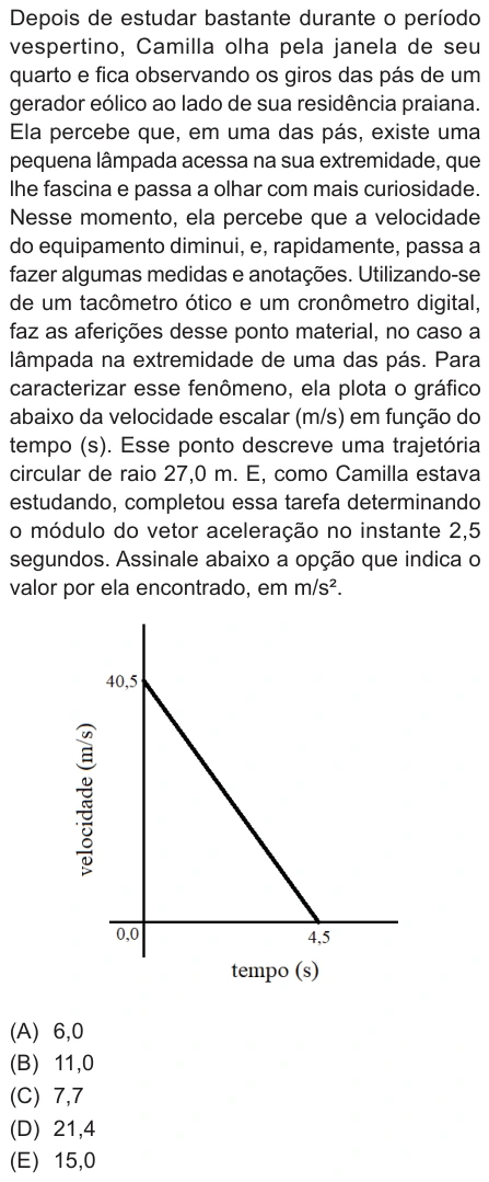Questão 20 de Unifor Medicina 2024.1: Aceleração em trajetória circular — enunciado, figura e alternativas originais