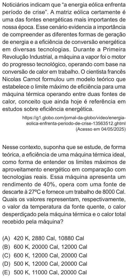 Questão 19 de Unifor Medicina 2025.2: Máquina de Carnot — enunciado, figura e alternativas originais