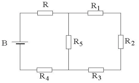 Resistor R e R₄ em série com dois ramos paralelos de 6 ohms.
