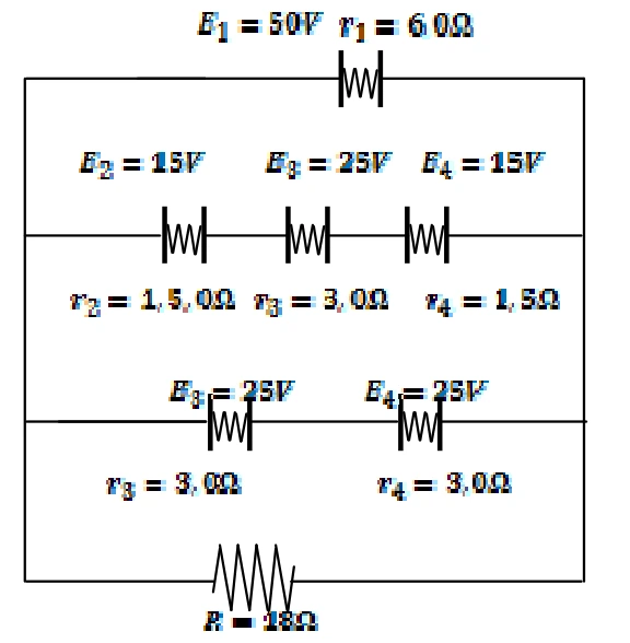 Circuito original com três ramos de geradores e resistor de 18 ohms.