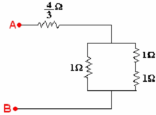 Resistor de 4/3 ohm em série com associação paralela de 1 e 2 ohms.