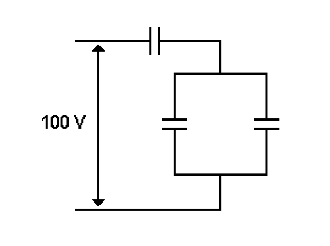 Capacitor em série com dois capacitores em paralelo sob 100 V.