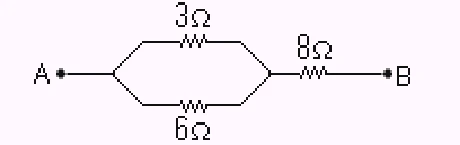 Resistores de 3 e 6 ohms em paralelo e 8 ohms em série.