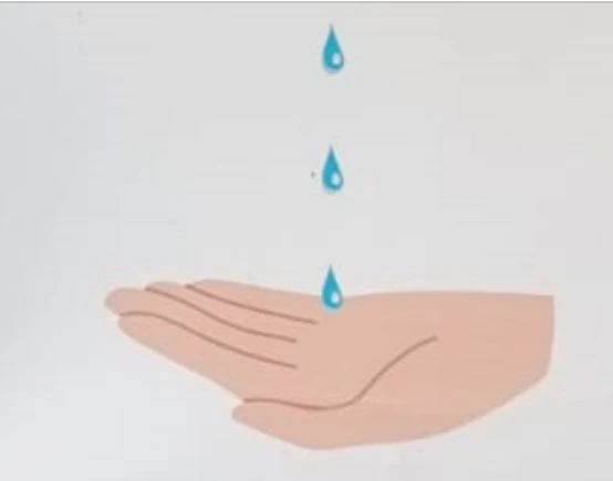 Campanha de álcool em gel com três gotas igualmente espaçadas.