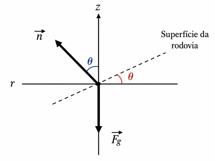 Decomposição da força normal em uma curva inclinada, com o ângulo θ entre a normal e o eixo vertical, igual ao ângulo de inclinação da rodovia
