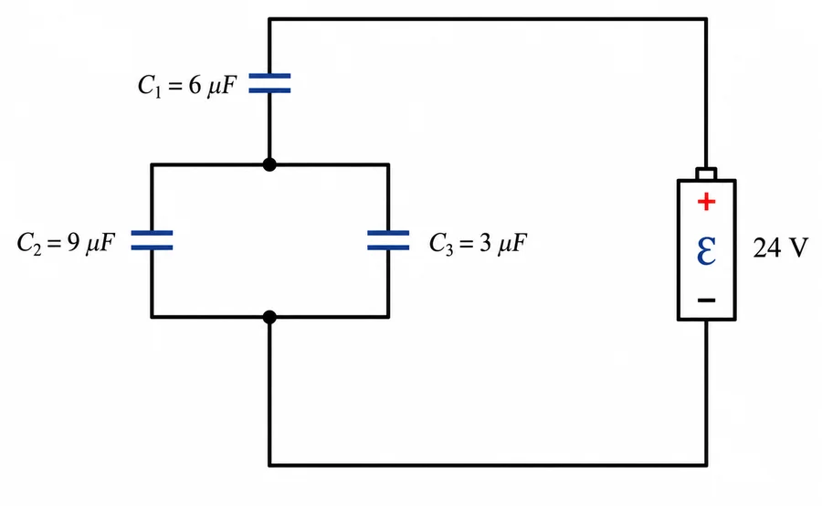 Circuito com o capacitor C1=6μF em série com a associação em paralelo de C2=9μF e C3=3μF, conectado a uma bateria de força eletromotriz 24V