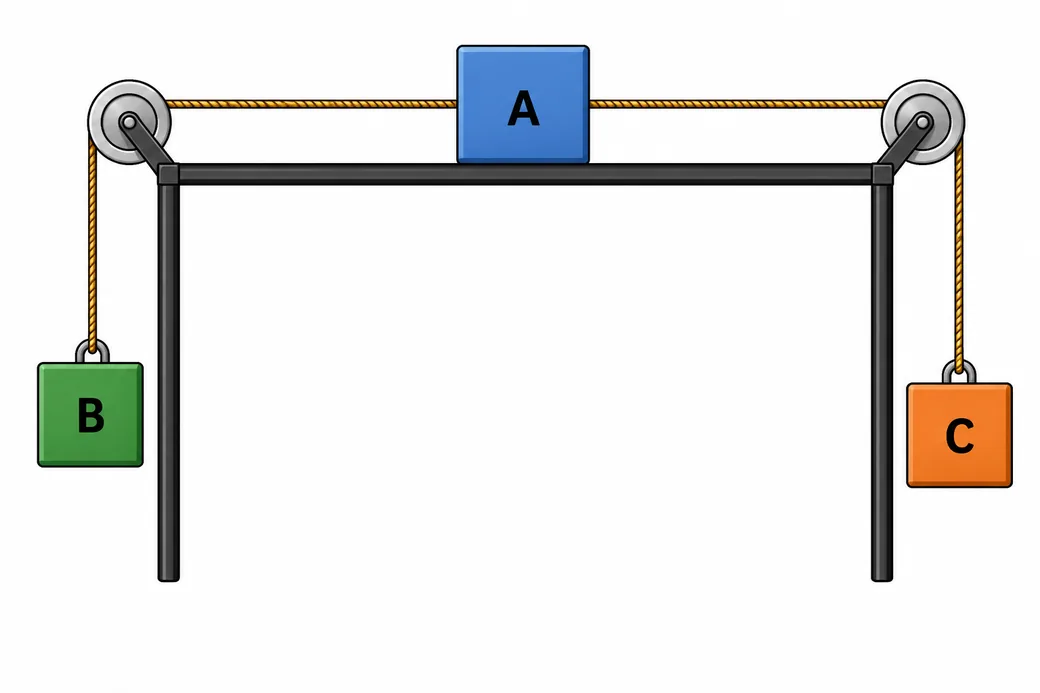Três blocos A, B e C ligados por fios que passam por duas polias, com o bloco A sobre uma superfície horizontal