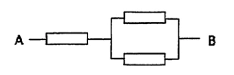 Resistor em série com dois resistores em paralelo entre A e B.