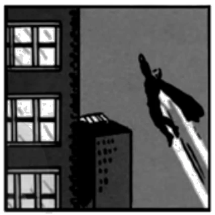 Ilustração do Super-homem em pleno salto ao lado de um prédio.