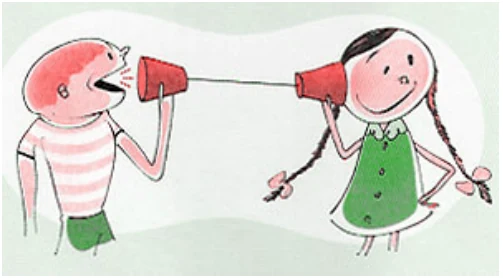 Ilustração de um menino e de uma menina conversando com dois copos de plástico ligados por um barbante esticado