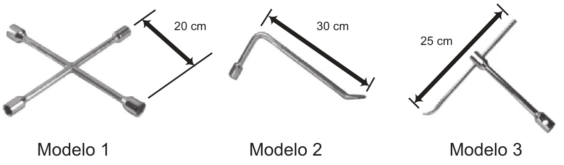 Três modelos de chave de roda: modelo 1, em cruz, com braços de 20 cm; modelo 2, em L, com 30 cm; modelo 3, em T, com 25 cm