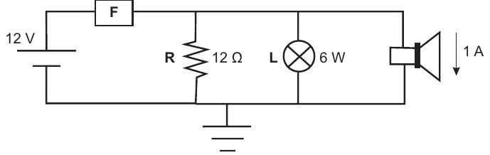 Circuito com fonte de 12 V, fusível F em série e, em paralelo, um resistor de 12 ohms, uma lâmpada de 6 W e um alto-falante com corrente de 1 A