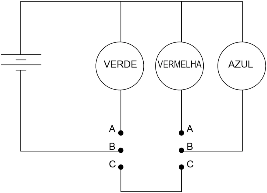 Alternativa B: diagrama original de Eletricidade — Circuitos — Interruptores Comutadores
